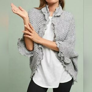Anthropologie MOTH Rocia Ruffle Trim Open Cardigan Sweater Crocheted Gray S
